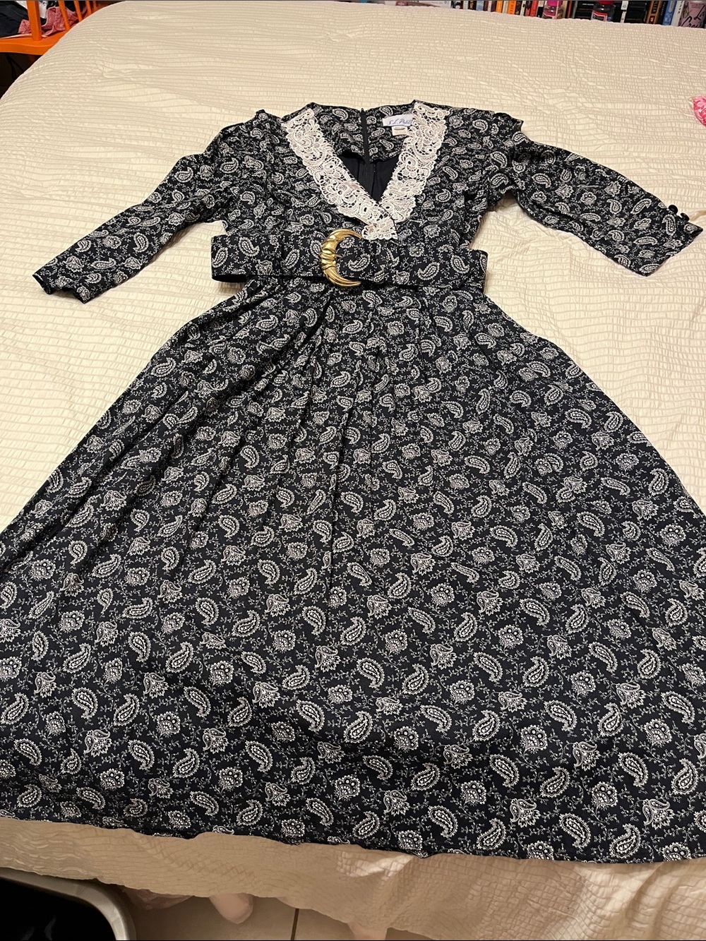 Vintage Black Paisley Lace-Trim Midi Dress